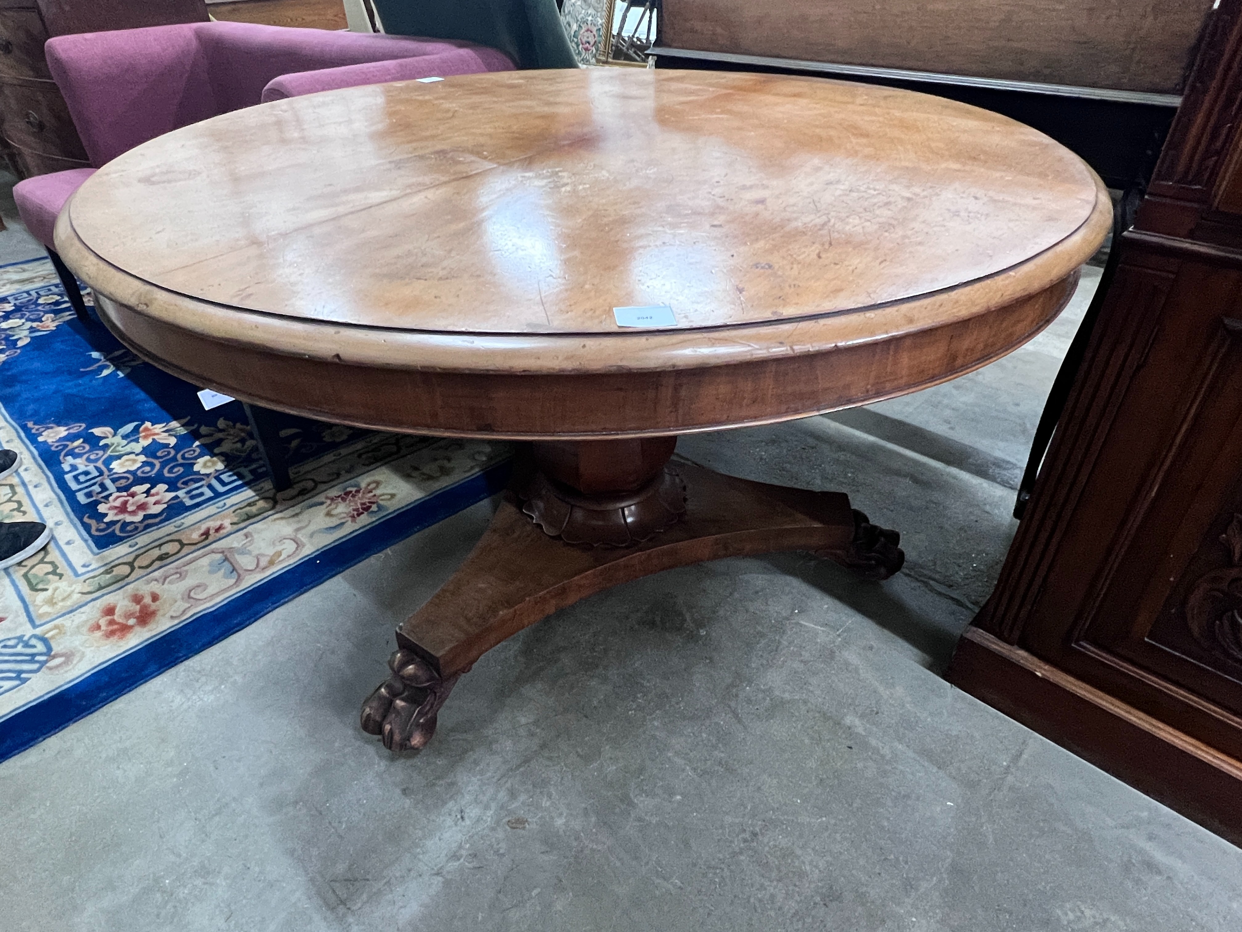 A Victorian circular mahogany tilt top breakfast table, diameter 120cm, height 74cm